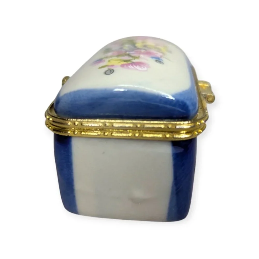 Ceramic Trinket Hinged Box Blue White Yellow and Pink 2.5